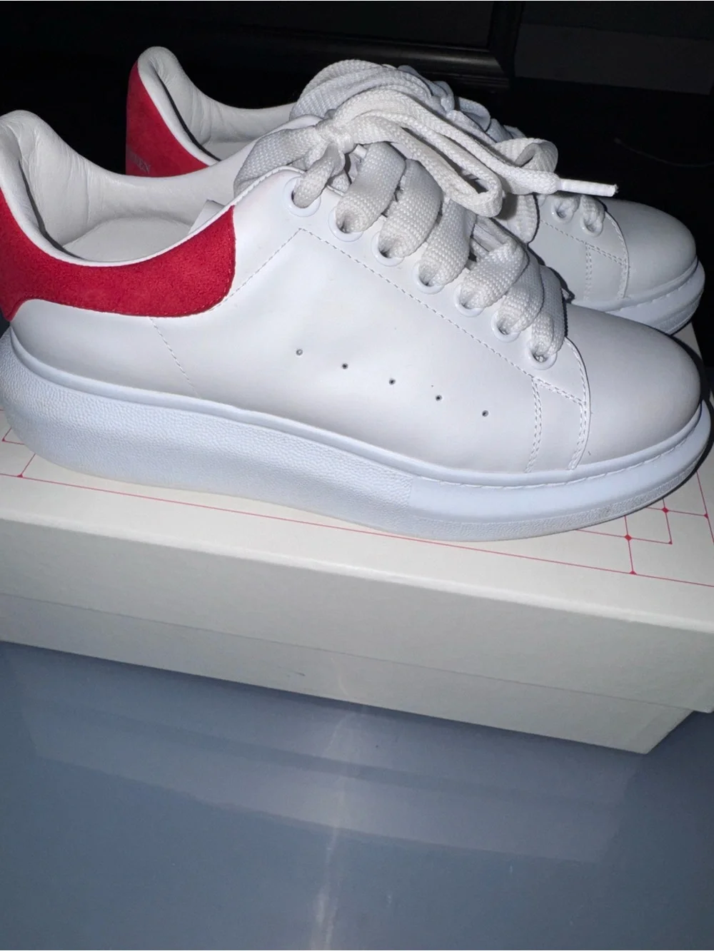 Alexander McQueen White Leather Sneakers with Red Heel Accent